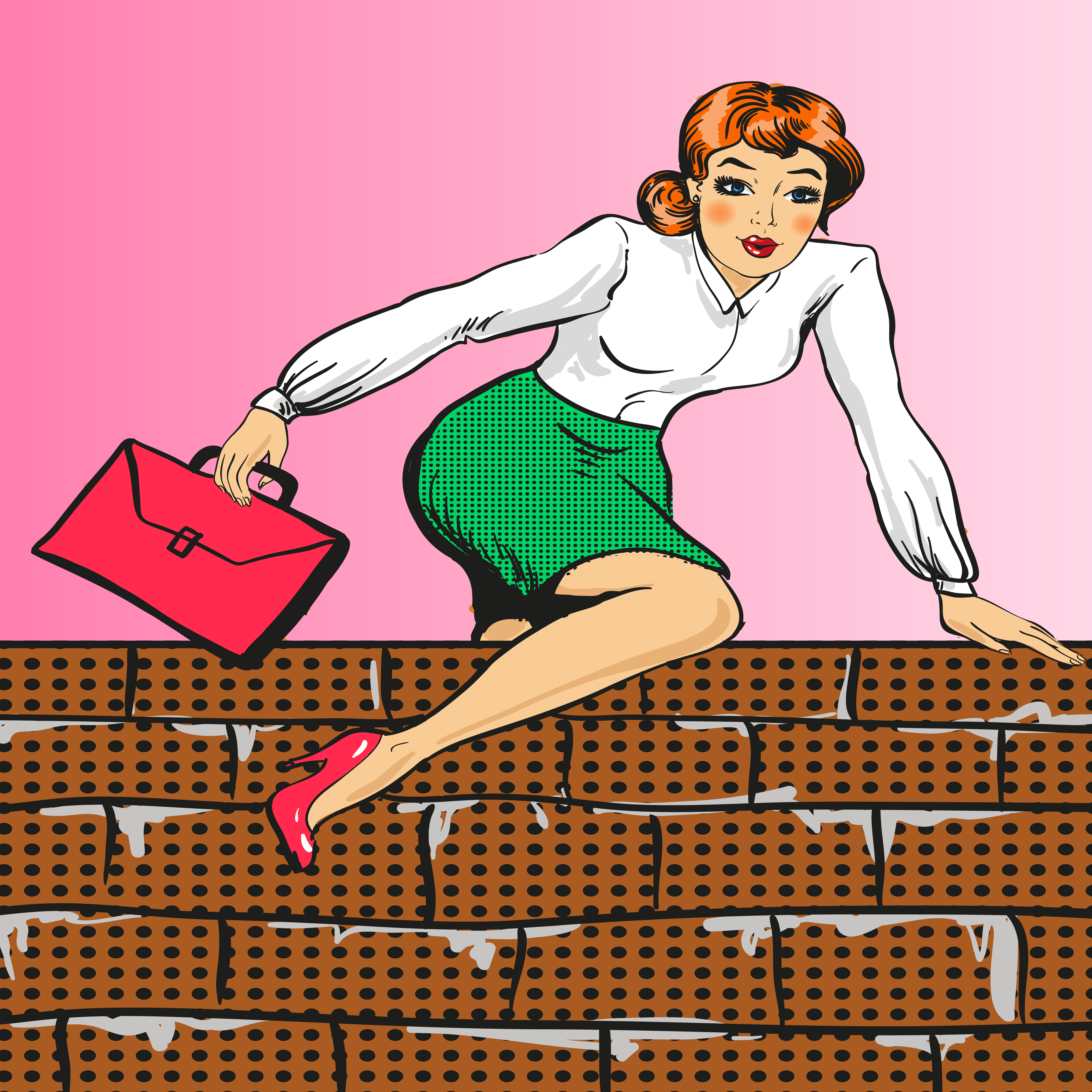 pop art image of woman climbing over brick wall