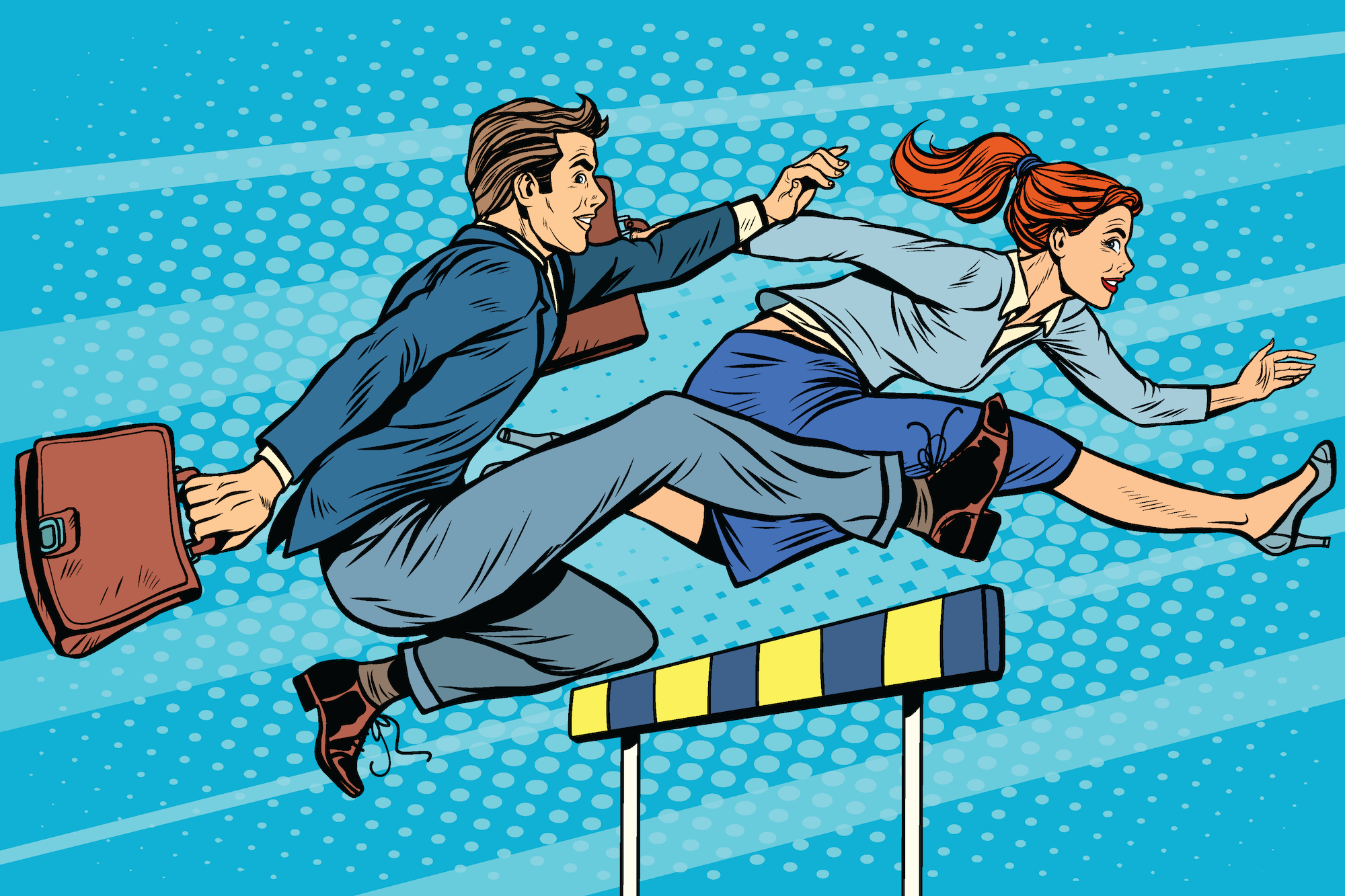 Pop art man and woman with briefcase jumping over a hurdle