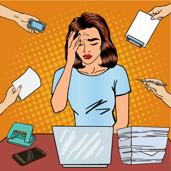 Illustration of overwhelmed woman at desk