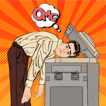 illustration of overwhelmed man with head in copy machine