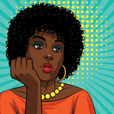 black woman pop art image with expression of serious reflection.
