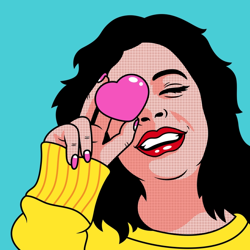 Pop Art woman holding up a pink heart